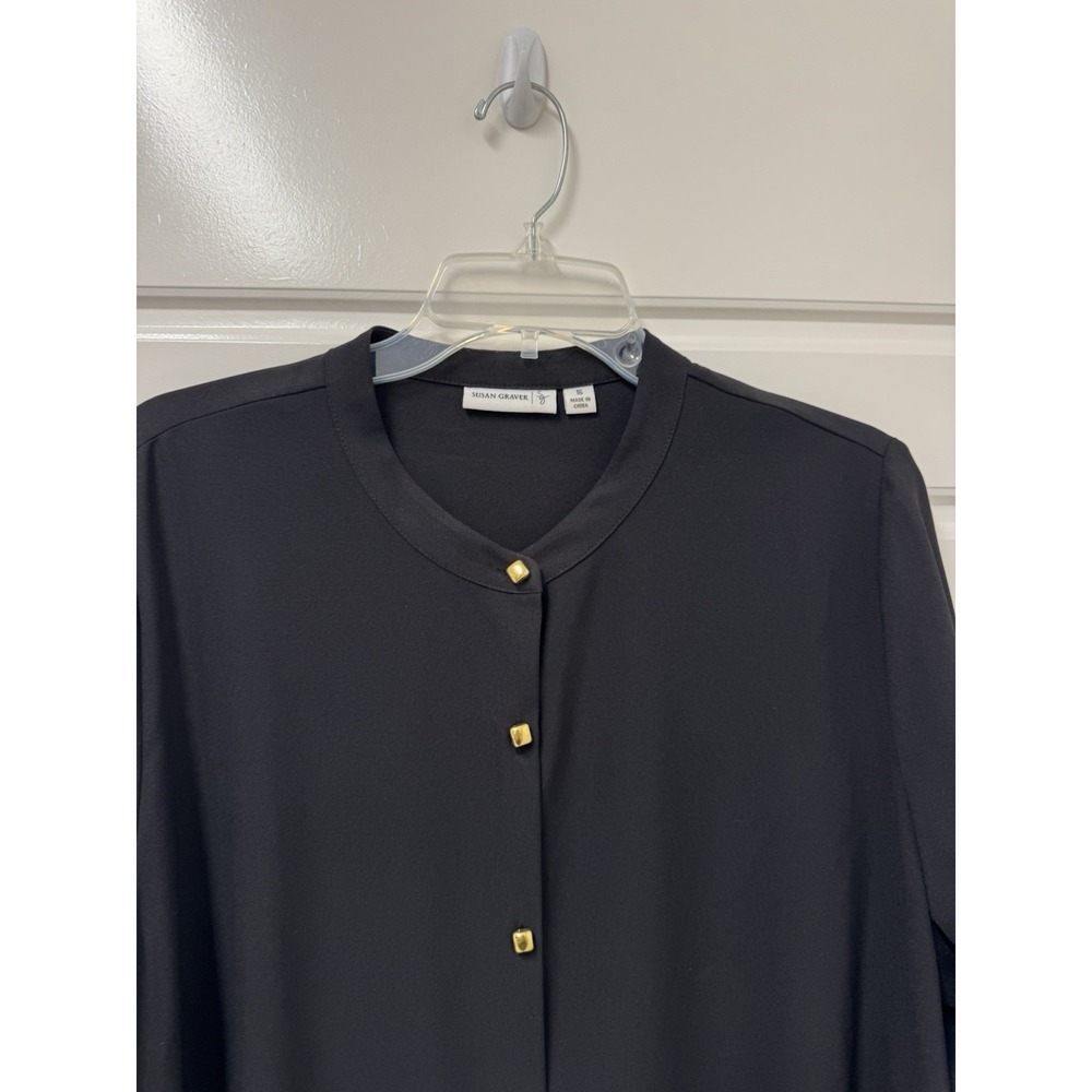 Susan Graver Black Blouse Gold Buttons High Low Hem Plus Size 16 Flowy Top